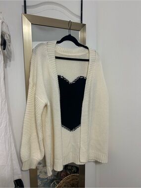 Cream Knit Cardigan Sweater with Black Heart Detail